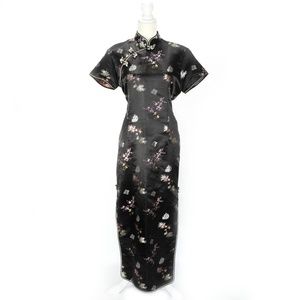 Long Chinese Cheongsam Dress Black Floral Bamboo